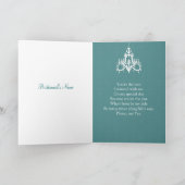ターコイズの背景にチャンドリエを纏った白いウェディングドレスの花嫁 招待状 (内部)