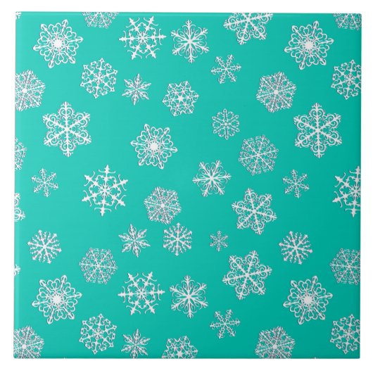 ターコイズの背景に白い3-d雪片 タイル (正面)