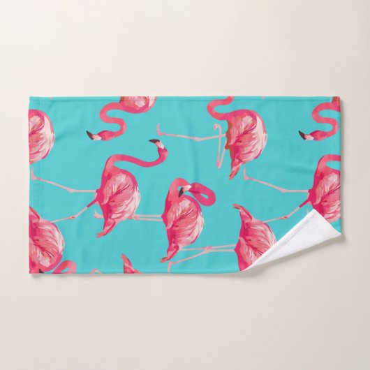 ターコイズの背景のピンクのフラミンゴの鳥 バスタオルセット (ハンドタオル)