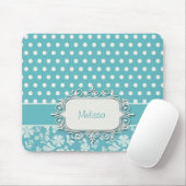 ターコイズの花および水玉模様 マウスパッド (マウス)