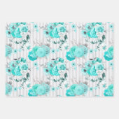 ターコイズの花とストライプの3点セット ラッピングペーパーシート (正面)