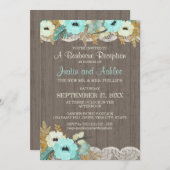 ターコイズの花とレースのラスティックなBBQウェディングレセプション 招待状 (正面/裏面)