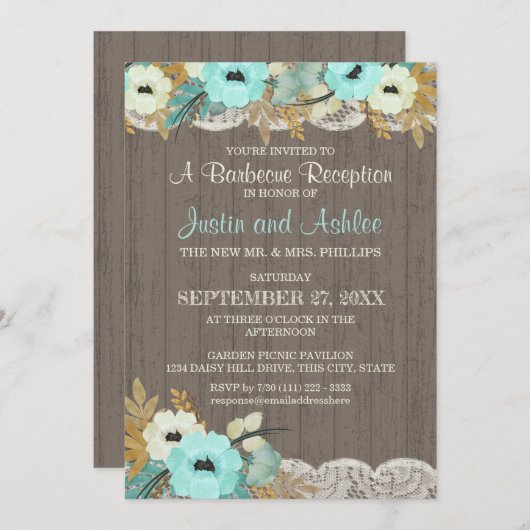 ターコイズの花とレースのラスティックなBBQウェディングレセプション 招待状 (正面/裏面)