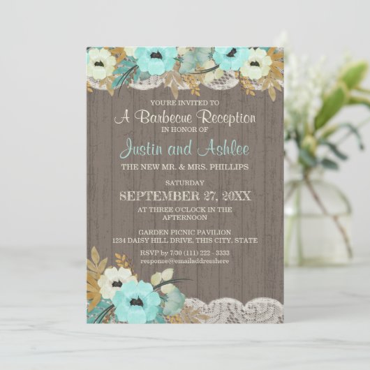 ターコイズの花とレースのラスティックなBBQウェディングレセプション 招待状 (スタンド正面)