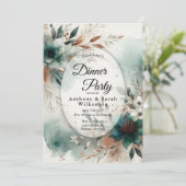 ターコイズの花びらがブロンズの花咲くレストランのディナー 招待状 (スタンド正面)