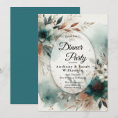 ターコイズの花びらがブロンズの花咲くレストランのディナー 招待状 (正面/裏面)