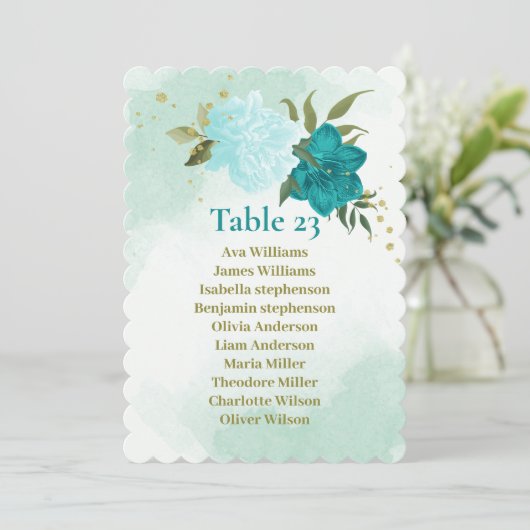 ターコイズの花葉緑の座席表カード 招待状 (スタンド正面)