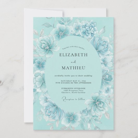 ターコイズの花輪ロマンスウェディング 招待状 (正面)