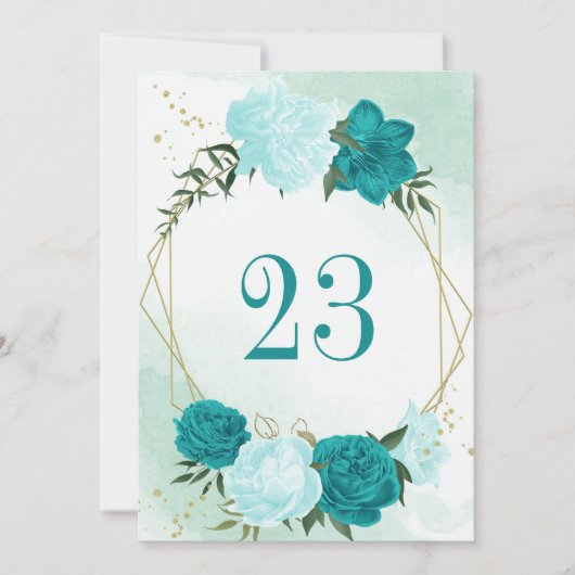 ターコイズの花離れ緑の表の番号カード 招待状 (正面)