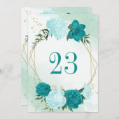ターコイズの花離れ緑の表の番号カード 招待状 (正面/裏面)