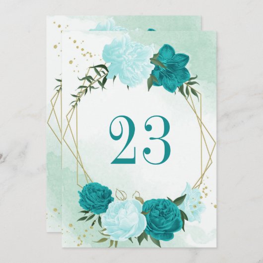 ターコイズの花離れ緑の表の番号カード 招待状 (正面/裏面)