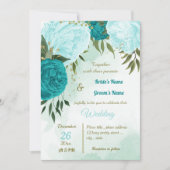 ターコイズの花 緑の葉 ウェディング 招待状 (正面)