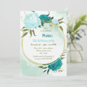 ターコイズの花 緑の葉 誕生日 招待状 (スタンド正面)