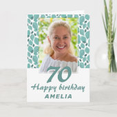 ターコイズの葉の模様 70歳の誕生日写真 カード (正面)