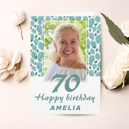 ターコイズの葉の模様 70歳の誕生日写真 カード