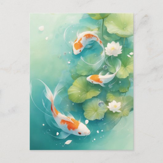 ターコイズの蓮池を泳ぐ鯉の魚 ポストカード (正面)