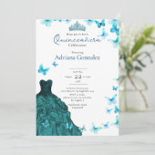 ターコイズの蝶のドレスとティアラの写真 キンセアニエラ 招待状 (スタンド正面)
