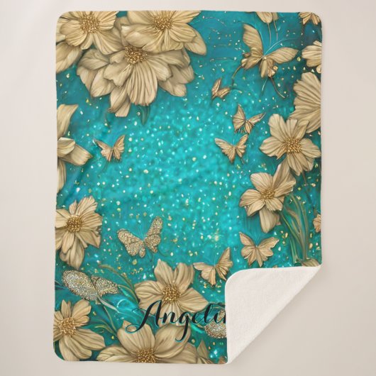 ターコイズの蝶の偽の金グリッターカスタム名前 シェルパブランケット (正面)
