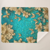 ターコイズの蝶の偽の金グリッターカスタム名前 シェルパブランケット (正面(横))