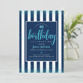 ターコイズの誕生日グリッター スクリプト ネイビー カスタム 年 招待状 (スタンド正面)