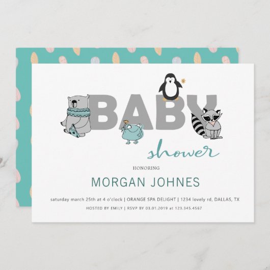 ターコイズの赤ちゃん動物 | ベビーシャワー招待状 (正面/裏面)
