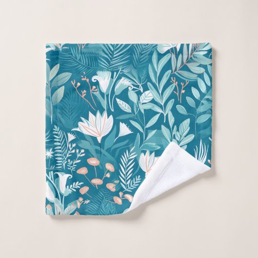 ターコイズの青と白のフローラパタエレガントーン バスタオルセット (ウォッシュタオル)