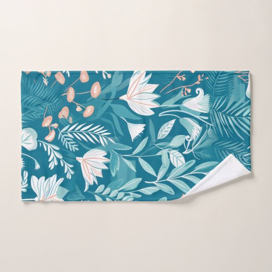 ターコイズの青と白のフローラパタエレガントーン バスタオルセット (ハンドタオル)