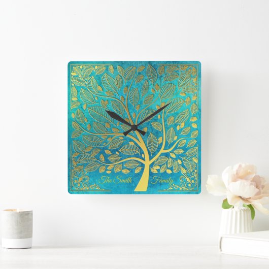 ターコイズの青と金ゴールドの木の生活*パーソナライズ* スクエア壁時計 (ホーム)