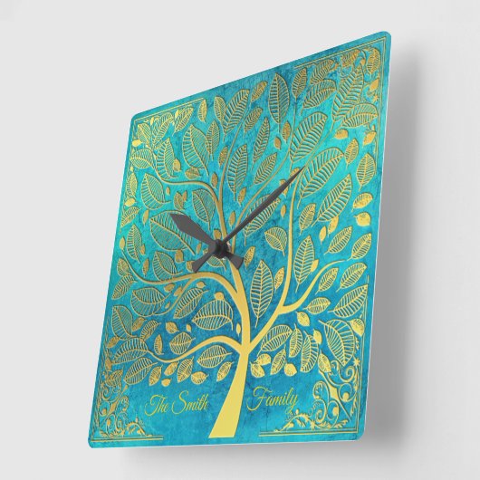 ターコイズの青と金ゴールドの木の生活*パーソナライズ* スクエア壁時計 (傾斜)