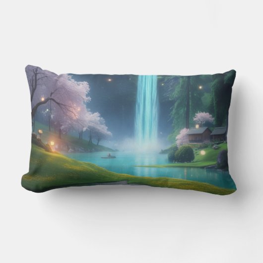 ターコイズの静けさ – 穏やかな水に流れ込む ランバークッション (正面)