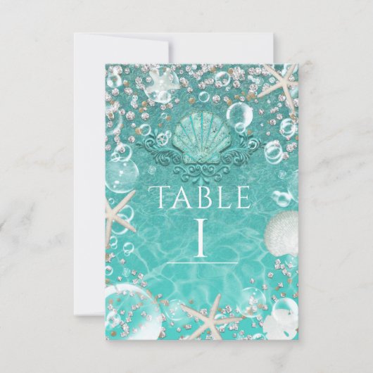 ターコイズの魔法の海の星と泡のテーブルナンバー 招待状 (正面)