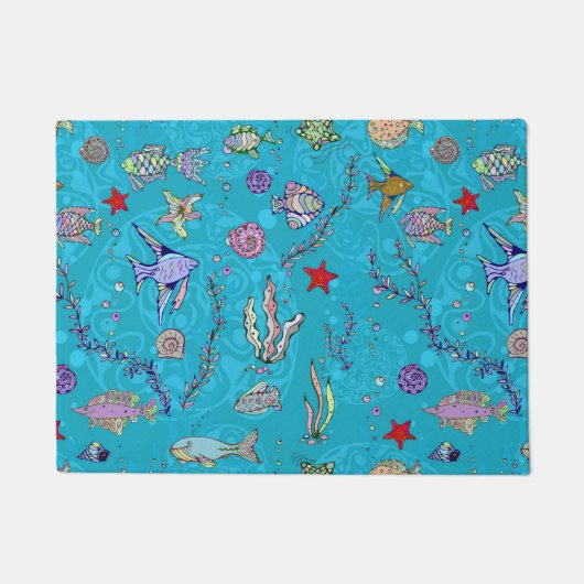ターコイズの魚パターン ドアマット (正面)