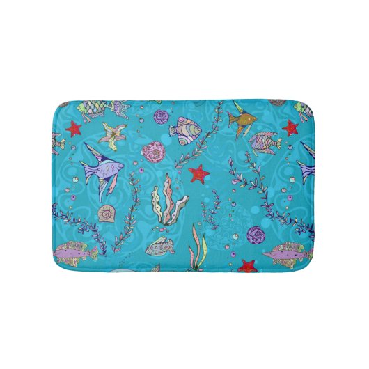ターコイズの魚パターン バスマット (正面)
