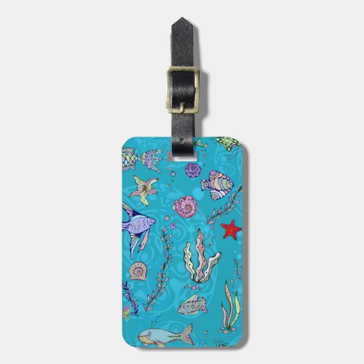 ターコイズの魚パターン ラゲッジタグ (正面縦)