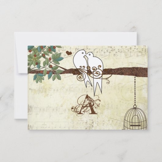 ターコイズの鳥たち 木に座って ウェディング 出欠確認 招待状 (裏面)