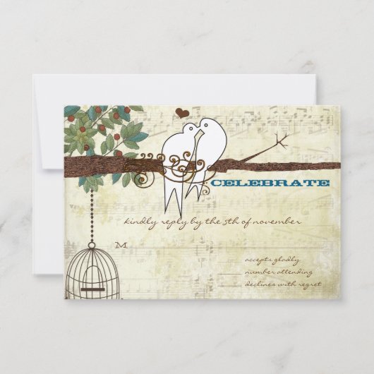 ターコイズの鳥たち　木に座って　結婚式　出欠確認 招待状 (正面)