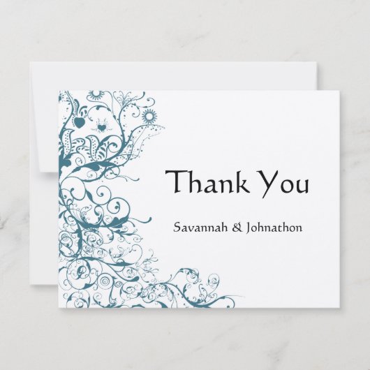 ターコイズの鳥と渦巻きの結婚式出欠確認カード サンキューカード (正面)