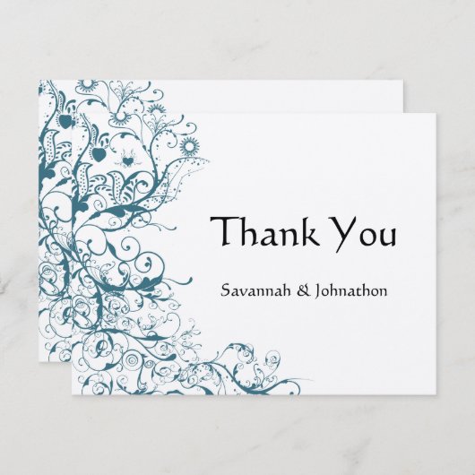 ターコイズの鳥と渦巻きの結婚式出欠確認カード サンキューカード (正面/裏面)