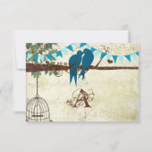 ターコイズの鳥の木に座る結婚式の出欠確認 招待状 (裏面)