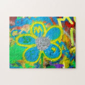 ターコイズの黄色い花の落書き壁 –  ジグソーパズル (横)