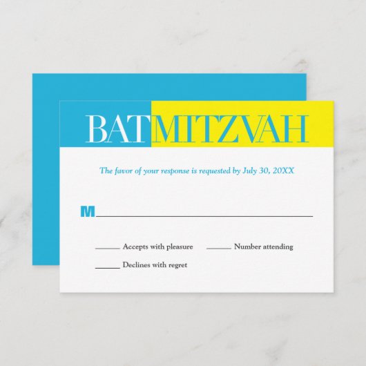 ターコイズの黄色のブロックのバルミツワーの応答RSVP 出欠カード (正面/裏面)