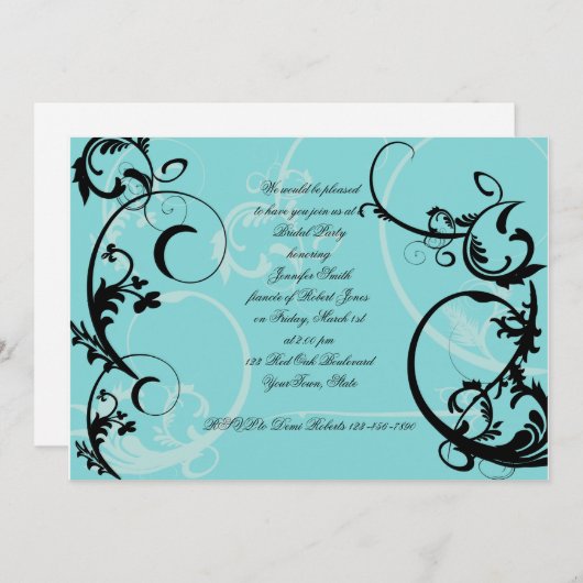 ターコイズの黒の渦巻のブライダルシャワーの招待状 招待状 (正面/裏面)