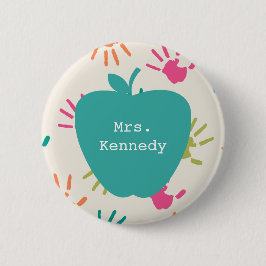 ターコイズのAppleカラフルなHandprintsの先生 缶バッジ