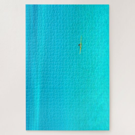 ターコイズのBora Boraの礁湖の舷外浮材付きのカヌー ジグソーパズル (縦)