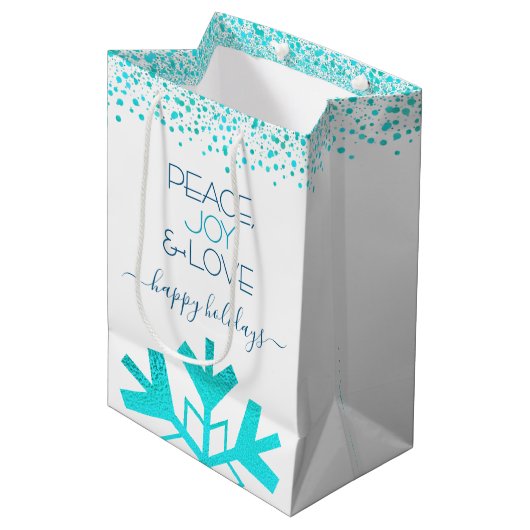 ターコイズはっきりしたスノーフレークピースジョーラブタイポグラフィ ミディアムペーパーバッグ (正面アングル)