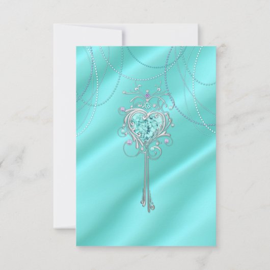 ターコイズはサテンで紫色ダイヤモンドの真珠を宝石で飾ります 招待状 (裏面)