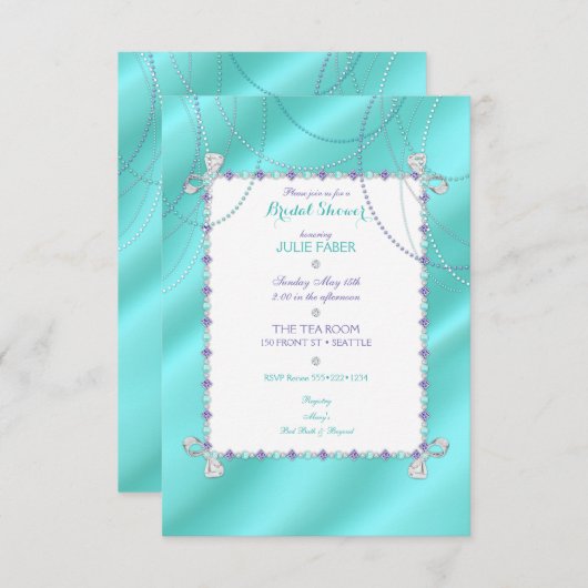 ターコイズはサテンで紫色ダイヤモンドの真珠を宝石で飾ります 招待状 (正面/裏面)