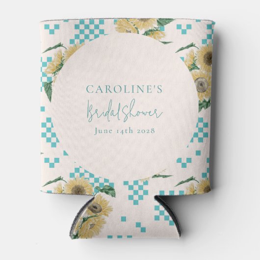 ターコイズひまわりチェッカーボードブライダルシャワー 缶クーラー (正面)