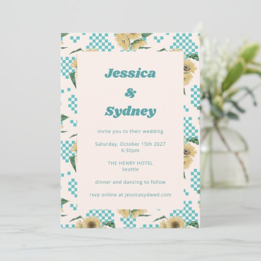 ターコイズひまわりチェッカーボードレトロ結婚 招待状 (スタンド正面)