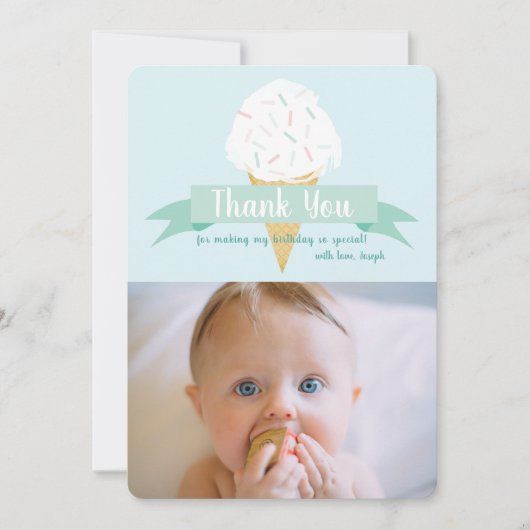 ターコイズアイスクリーム誕生日写真サンキューカード 招待状 (正面)